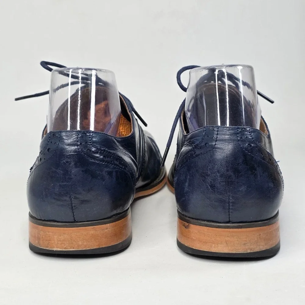 Stacy Adams Shoes Men's Size 10.5 Navy Blue Leather Cap Toe Brogue Oxford Casual